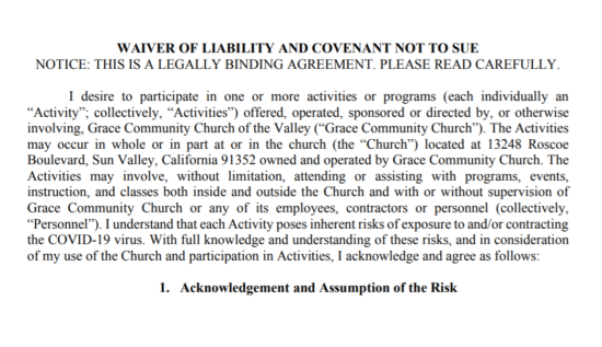Despite Indoor Services, Grace Community Church Doesn’t Want to Get Sued if You Get COVID-19 at the Church